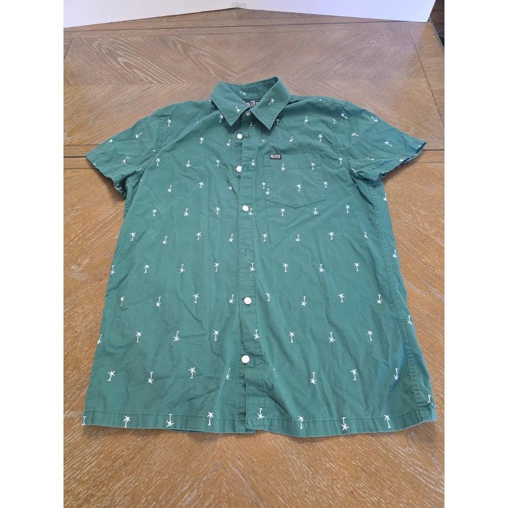 Hollister Mens Epic Flex Stretch Shirt Small Green Palm Tree Print Short Sleeve